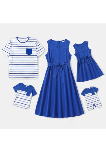 Family Matching Blue V Neck Belted A-Line Tank Dresses and Short-sleeve Striped T-shirts Sets