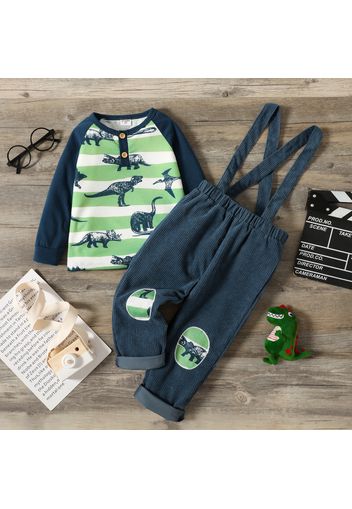 2-piece Toddler Boy Dinosaur Print Striped Long-sleeve Top and Overalls Set