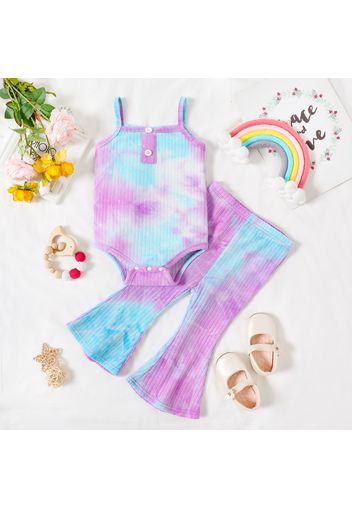 2pcs Baby Girl Tie Dye Ribbed Sleeveless Spaghetti Strap Romper and Bell Bottom Pants Set