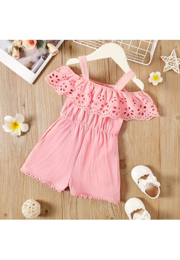 Toddler Girl 100% Cotton Solid Color Schiffy Flounce Off Shoulder Bowknot Strap Romper Jumpsuit Shorts