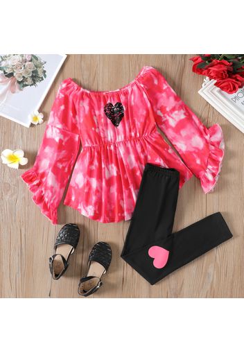 2pcs Kid Girl Tie Dyed Heart Print Ruffled Off Shoulder Long-sleeve Tee and Black Leggings Set