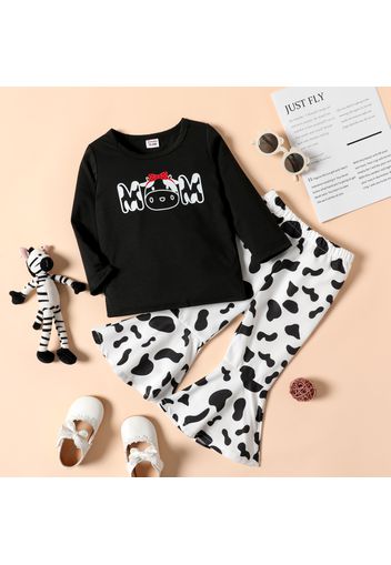 2-piece Toddler Girl Letter Animal Print Long-sleeve Black Top and Cow Print Flared Pants Set