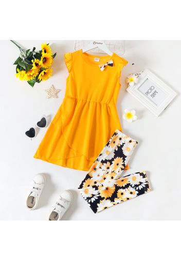 2-piece Kid Girl Ruffled Wrap Hem Flutter-sleeve Yellow Tee and Floral Print Leggings Set