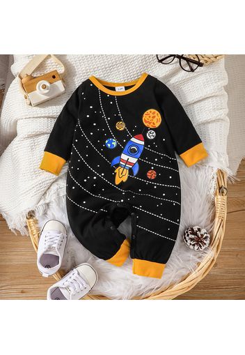 Baby Boy Outer Space Planet Print Contrast Binding Long-sleeve Jumpsuit