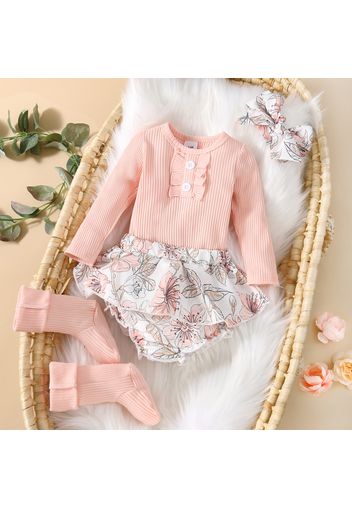 4pcs Baby Pink Ribbed Long-sleeve Romper and Floral Print Ruffle Shorts with Socks Set