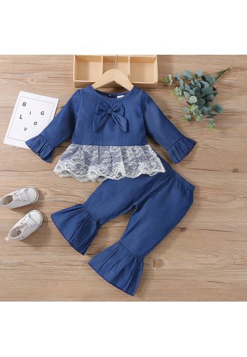 2pcs Baby Lace Splicing Blue Ruffle Long Sleeve Top and Bell Bottom Pants Set