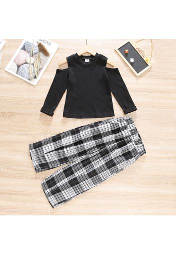 2-piece Toddler Girl Cold Shoulder Long-sleeve Black T-shirt and Plaid Paperbag Pants Set