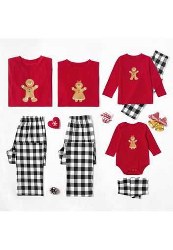 Family Matching Lovely Gingerbread Man Print Plaid Christmas Pajamas Sets (Flame Resistant)