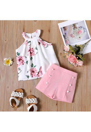 2pcs Toddler Girl Floral Print Halter Camisole and Pearl Decor Pink Shorts Set