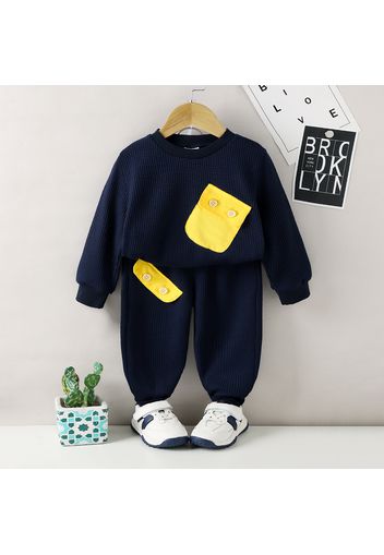 2pcs Toddler Boy Pocket Design Waffle Pullover Sweatshirt and Elasticized Pants Set