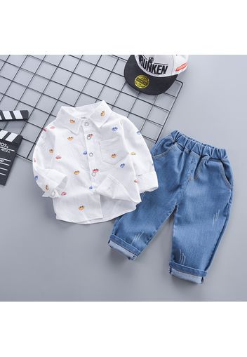 2-piece Toddler Boy Car Print Lapel Collar Button Down Long-sleeve Shirt and Jeans Denim Pants Set