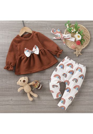 3pcs Solid Long-sleeve Bowknot Top and All Over Rainbow Print Trousers Set