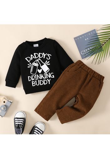 2pcs Baby Boy Milk & Beer Bottle and Letter Print Long-sleeve Sweatshirt with Solid Corduroy Pants Set