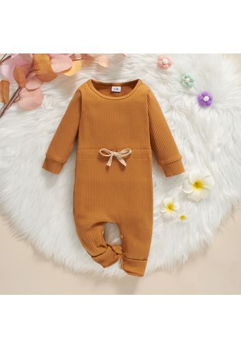 Baby Solid Ribbed Long-sleeve Drawstring Jumpsuit Playsuit