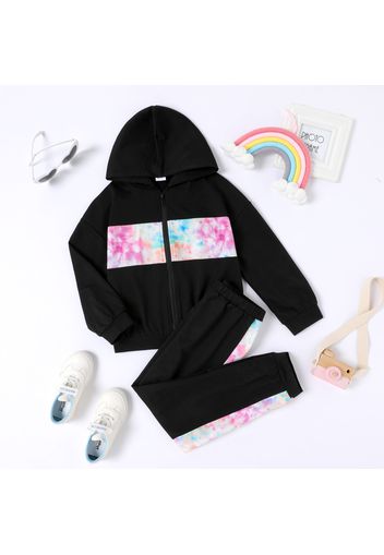 2-piece Kid Girl Tie Dye Colorblock Zipper Hooded Jacket and Pants Set