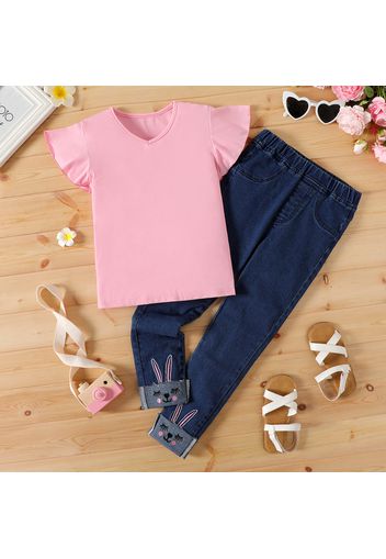 2pcs Kid Girl 100% Cotton V Neck Flutter-sleeve Pink Tee and Rabbit Embroidered Denim Jeans Set