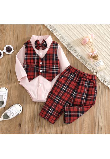 2pcs Baby Boy Solid Lapel Long-sleeve Splicing Red Plaid Bow Tie Faux-two Romper and Trousers Set