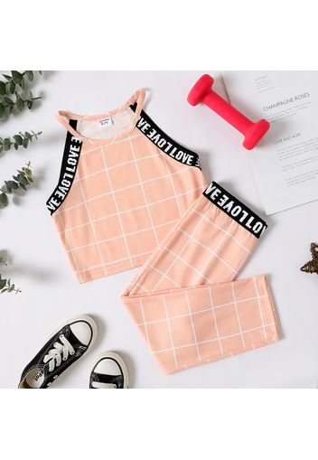 2pcs Kid Girl Letter Print Plaid Halter Camisole and Pants Set