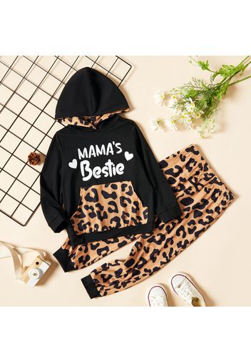 2-piece Toddler Girl Letter Leopard Print Pocket Design Hoodie Sweatshirt and Pants Set