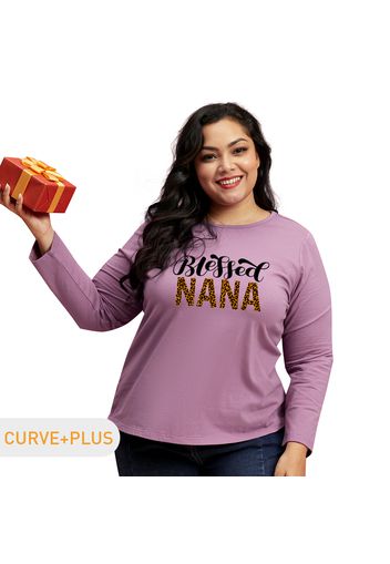 Women Plus Size Graphic Letter and Leopard Print Round Neck Long-sleeve Tee