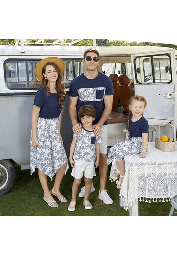 Family Matching Dark Blue Splicing Coconut Print Irregular Hem Short-sleeve Dresses and T-shirts Sets