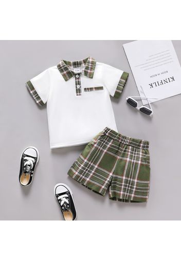 2pcs Toddler Boy Casual Plaid Short-sleeve Polo Shirt and Shorts Set