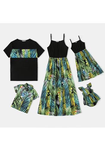 Family Matching Allover Tropical Plant Print Spliced Black Cami Dresses and Short-sleeve Tops Sets