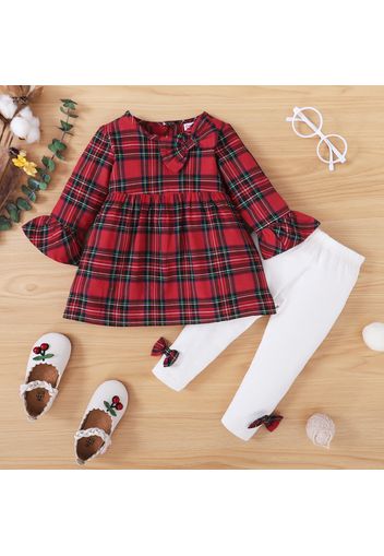 2pcs Baby Girl 100% Cotton Red Plaid Long-sleeve Top and Bowknot Trousers Set