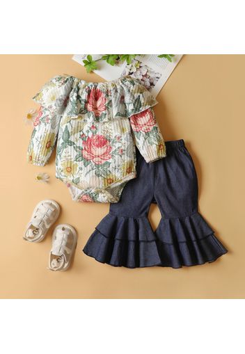 Baby 2pcs Floral Print Off Shoulder Ruffle Long-sleeve Romper and Denim Flared Pants Set