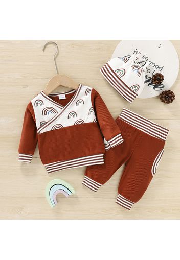 3pcs Baby Boy/Girl Rainbow Print Brown Striped Waffle Top and Trousers Set