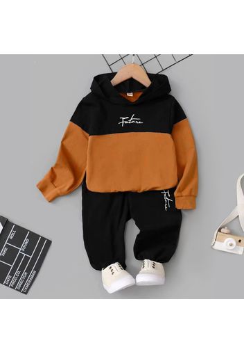 2pcs Kid Boy Letter Print Colorblock Hoodie Sweatshirt and Black Pants Set