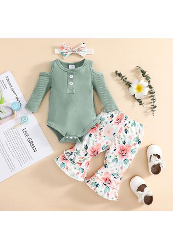 3pcs Baby Girl Green Ribbed Cold Shoulder Long-sleeve Romper and Floral Print Bell Bottom Pants Set