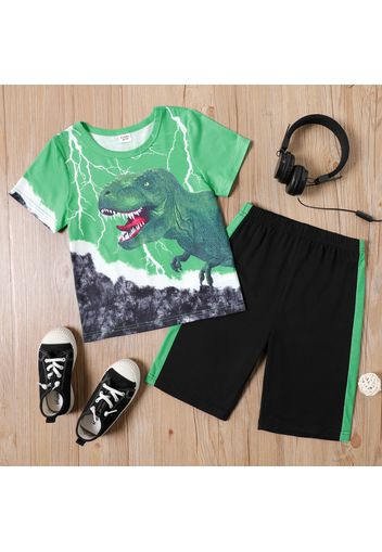 2-piece Kid Boy Animal Dinosaur Print Short-sleeve Tee and Colorblock Shorts Set