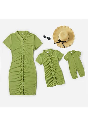 100% Cotton Solid Green Lapel Button Short-sleeve Ruched Bodycon Dress for Mom and Me