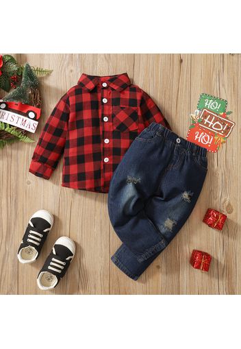 2-piece Toddler Boy Christmas Lapel Collar Button Down Long-sleeve Plaid Shirt and Ripped Jeans Denim Pants Set