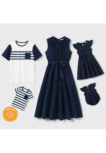 Family Matching 100% Cotton Crepe Dark Blue Dresses and Striped Short-sleeve T-shirts Sets