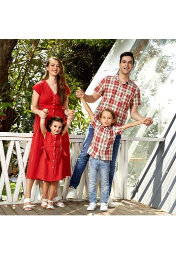 100% Cotton Red Series Family Matching Sets(Solid Red Front Buttons Dresses for Mom and Girl ; Plaid Button Front Shirts for Dad and Boy)