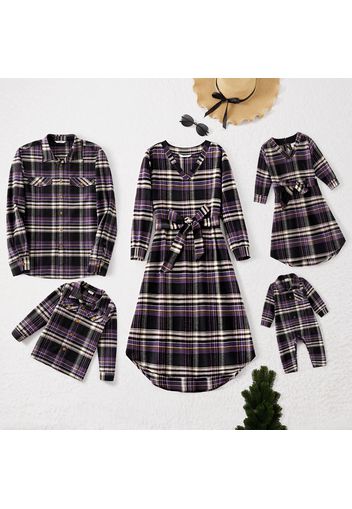 Family Matching Long-sleeve Plaid Belted Dresses and Button Up Shirts Sets