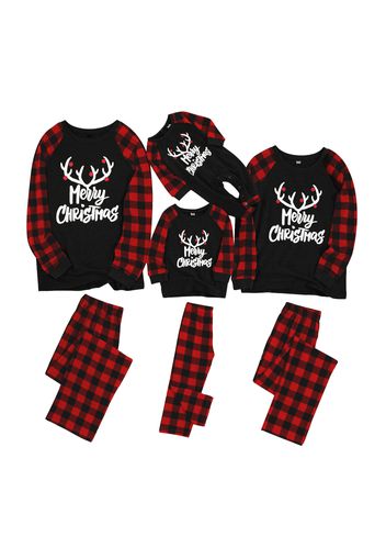 Merry Christmas Antler Letter Print Plaid Design Family Matching Pajamas Sets (Flame Resistant)