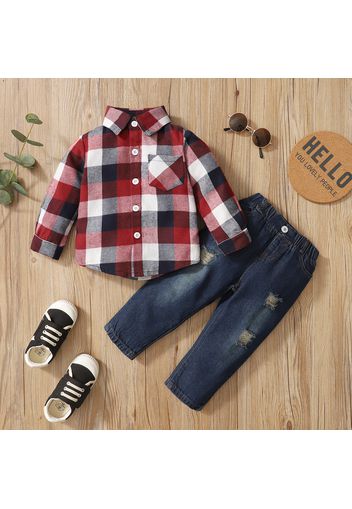 2-piece Toddler Boy Button Design Long-sleeve Plaid Shirt and Ripped Denim Jeans Set