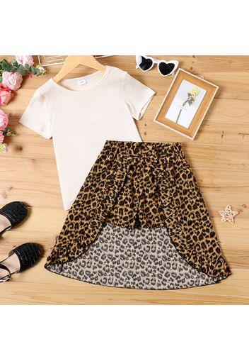 2-piece Kid Girl White Tee and Leopard Print High Low Skort Set