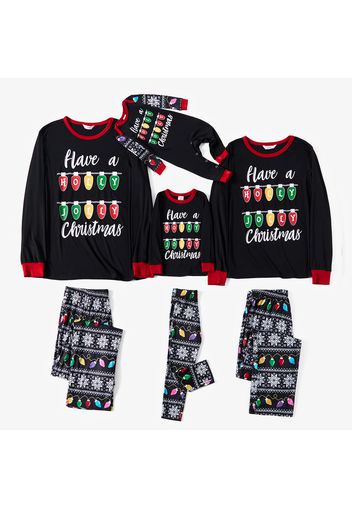 Christmas String Lights and Letter Print Black Family Matching Long-sleeve Pajamas Sets