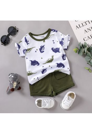 2pcs Baby Boy All Over Dinosaur Print Short-sleeve Tee and Solid Shorts Set