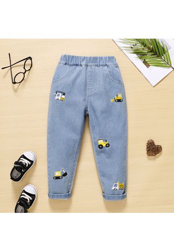 Toddler Boy Playful 100% Cotton Vehicle Embroidered Denim Jeans