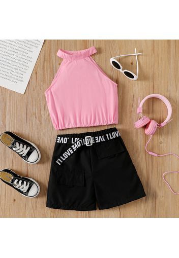 2pcs Kid Girl Halter Camisole and Letter Print Belted Pocket design Shorts Set