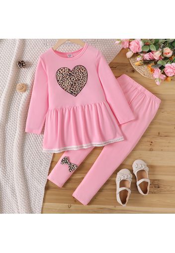 2pcs Kid Girl Leopard Heart Print Lace Hem Long-sleeve Pink Tee and Bowknot Design Leggings Set