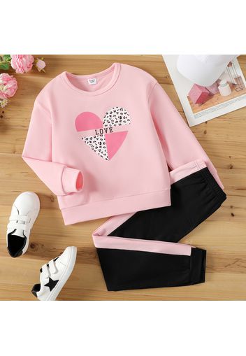 2pcs Kid Girl Leopard Heart Print Long-sleeve Tee and Colorblock Pants Set