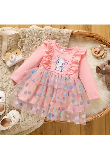 Baby Girl 95% Cotton Long-sleeve Elephant Print Ruffle Trim Spliced Glitter Polka Dots Mesh Dress