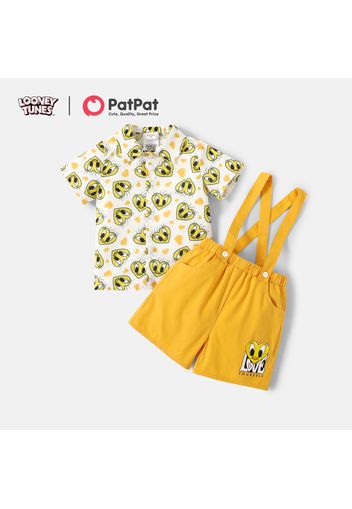 Looney Tunes 2pcs Toddler Boy Allover Print Lapel Collar Short-sleeve Shirt and Suspender Shorts Set