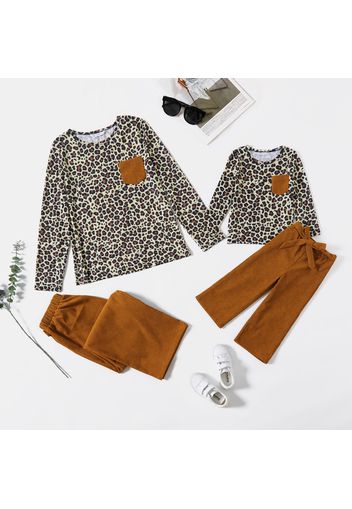 Leopard Long-sleeve Top with Solid Corduroy Pants Sets for Mom and Me